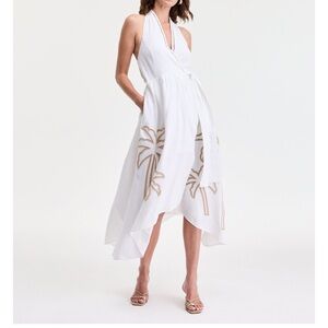 INC International Concepts White High Low Dress with Palm Embroidery